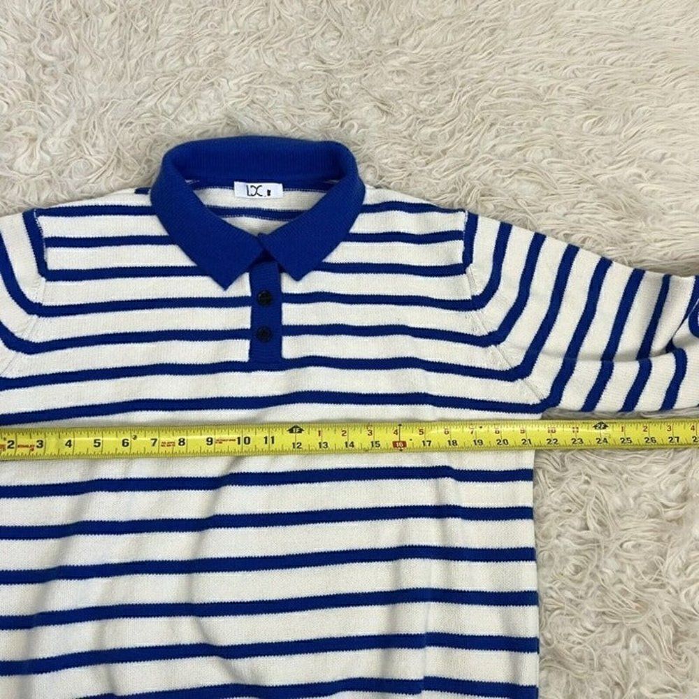 Womens Vintage 70s Acrylic Women Henley Sweater Large White Blue Striped Medium - Picture 7 of 11
